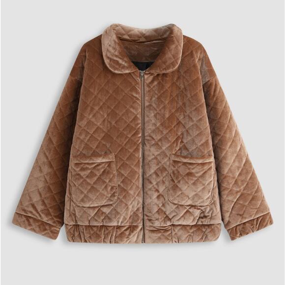 Cider Oversized Velour Zip Up Quilted Coat in Brown - Picture 1 of 10